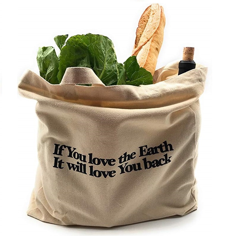 SG64 Heavy Duty Organic Vegetable Fruit Shopping Bag Cotton Canvas Tote Bags, jossa on tilaustyönä painettu logo